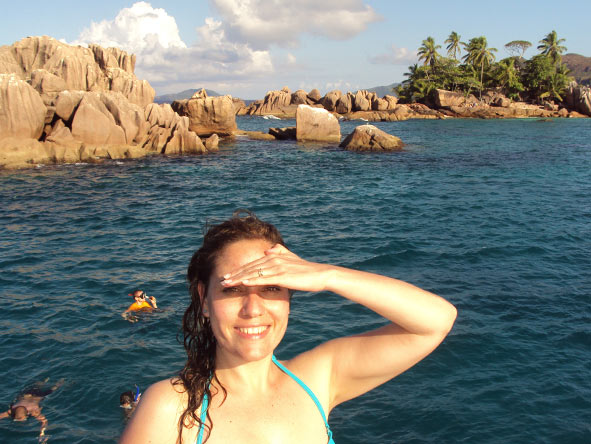 Liesel van Zyl - swimming in a sheltered cove in the Seychelles Archipelago